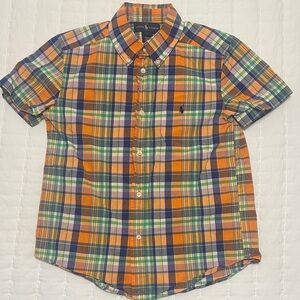 Ralph Lauren Boys 7 Orange Green Plaid Short Sleeved Button Down Shirt Polo Pony